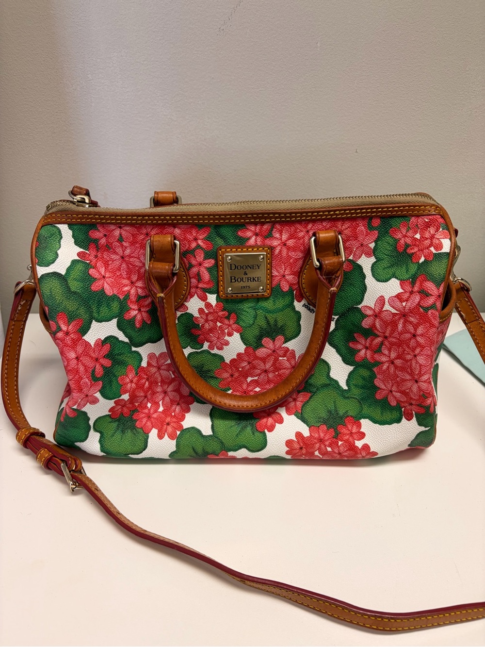 Dooney & Bourke Red Floral Crossbody Satchel with Brown Leather Trim